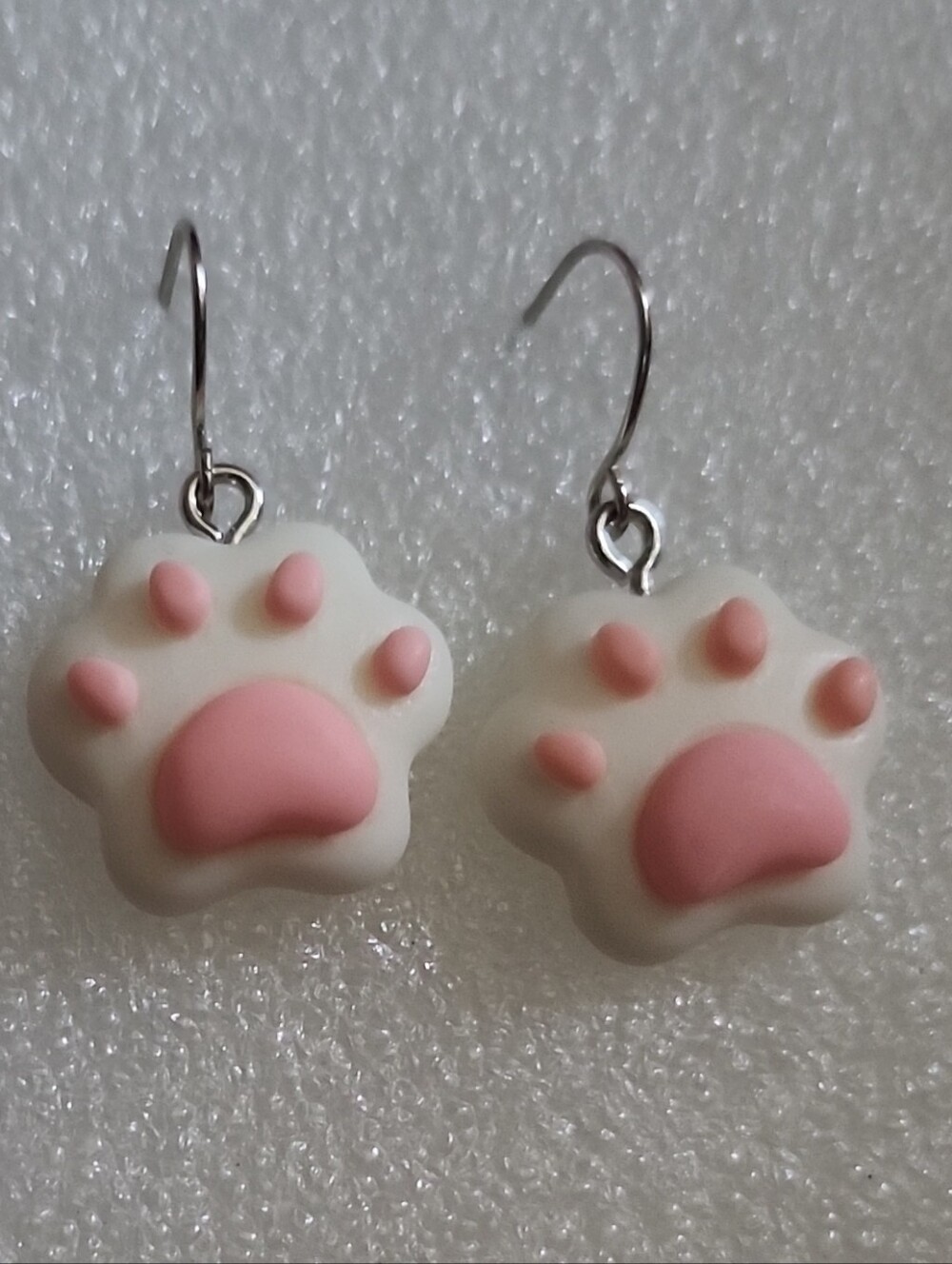 Hand Crafted White and Pink Cat Paw Dangle Earrings